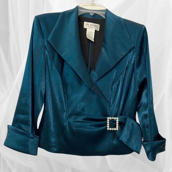 J. R. Nites Turquoise Dressy Fitted Mock Wrap Top for Women Sz 8 - Picture 2 of 11